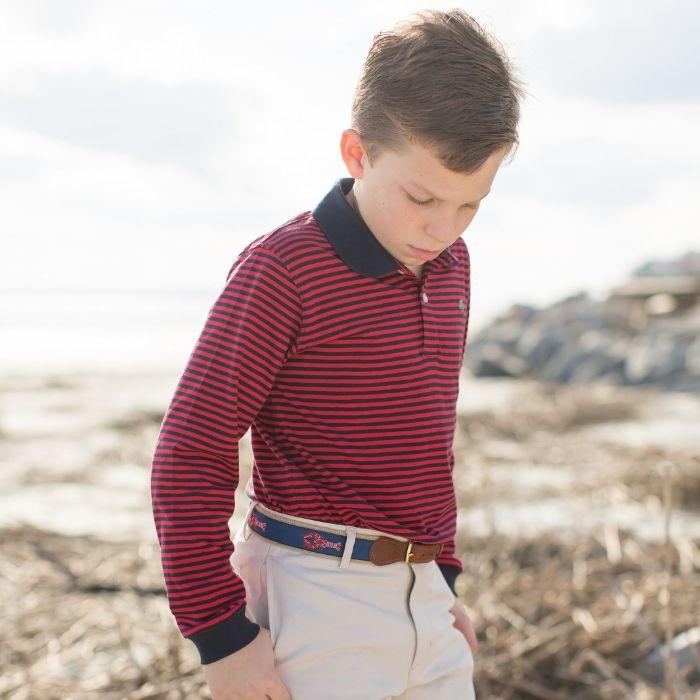 2 Button Navy &amp; Red Stripe Long Sleeve Polo