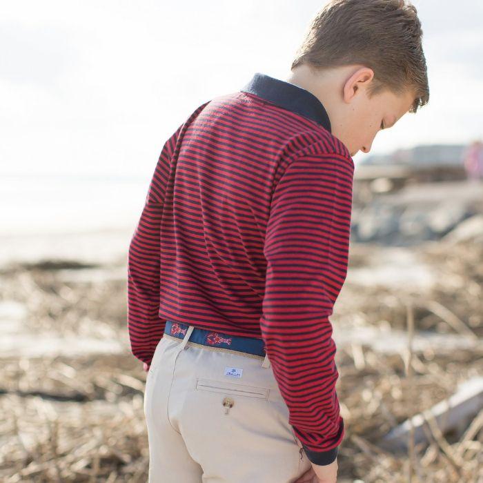 2 Button Navy &amp; Red Stripe Long Sleeve Polo