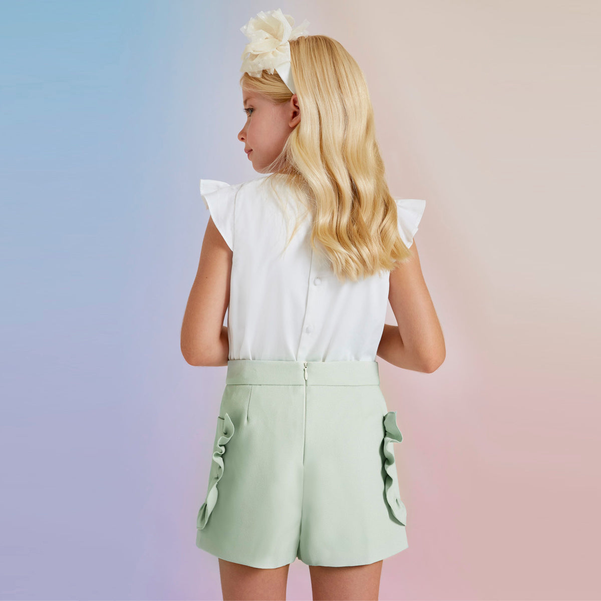 Mint Ruffled Crepe Shorts